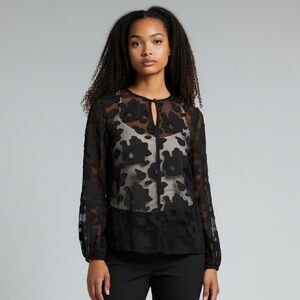 ELLEN TRACY Lady, sheer black blouse, small NWT long sleeve button in front